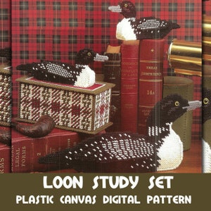 May include: A collection of plastic canvas loon figures, a decorative box, and books. The loons are black, white, and brown with white dot patterns. The box is brown and red with a geometric design. The text "LOON STUDY SET" and "PLASTIC CANVAS DIGITAL PATTERN" is visible.