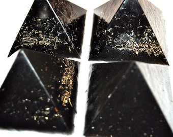 Handmade Black Quartz Crystal Orgone Pyramids, EMF Protection Set of 4