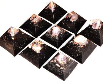 Quartz Crystal Orgone Energy Pyramids, EMF Protection, Set of 9