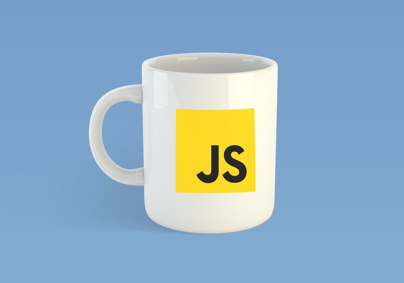 May include: White ceramic mug with a yellow square featuring the text "JS" in black.