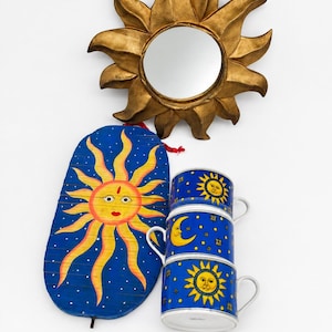 Vintage Sun and Moon Decor Set, Gold Sunburst Mirror, Hand Painted Wall Hanging, 3 Stackable Celestial Mugs, Boho Home