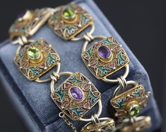 Antique silver Chinese export bracelet with amethyst peridot and enamel