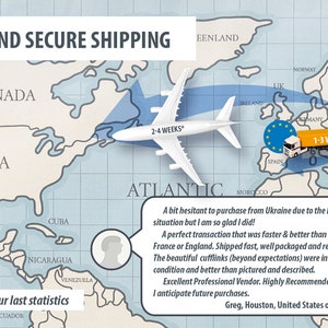 May include: A world map graphic featuring a white aeroplane flying over the Atlantic Ocean, a lorry icon, and a customer review text box. The image includes the text FAST AND SECURE SHIPPING, country flags, and a bird logo in the top right corner.