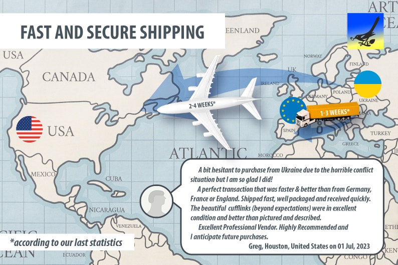 May include: A world map graphic featuring a white aeroplane flying over the Atlantic Ocean, a lorry icon, and a customer review text box. The image includes the text FAST AND SECURE SHIPPING, country flags, and a bird logo in the top right corner.