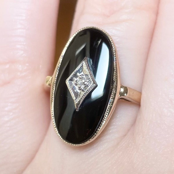 10K Black Onyx Diamond Art Moderne vintage style large 20x10mm oval Cabochon solid yellow gold size 8.25 ring