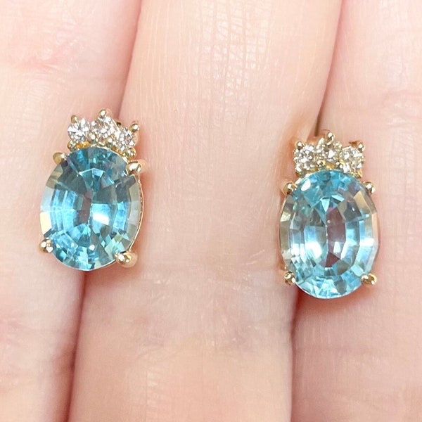 14K Swiss Blue Topaz Diamond genuine large oval accent 3.5 carat vintage style solid yellow gold stud earrings