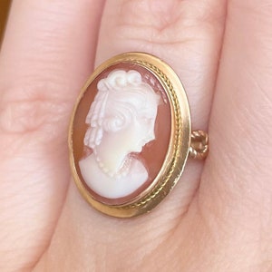 10K Large Vintage Ladies Cameo orange coral mid century solid yellow gold size 6.25 statement ring