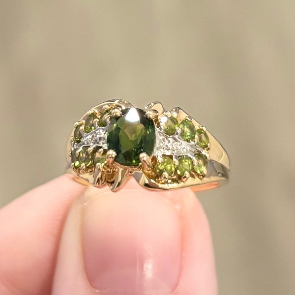10K Green Sapphire Peridot Diamond oval round cluster channel deep dark olivine gemstone solid yellow gold size 6 THL Samuel Aaron ring