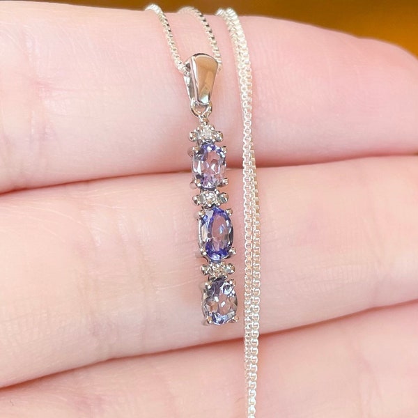 10K Tanzanite Diamond accent half carat natural lavender purple triplet three stone drop 1 inch solid white gold pendant