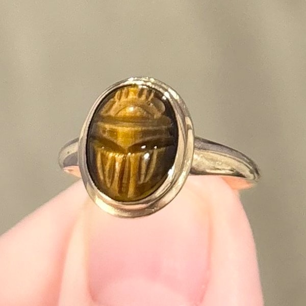 10K PSCO Tigers Eye Scarab vintage dainty oval cabochon brown carved sophisticated genuine solid yellow gold size 6 solitaire statement ring