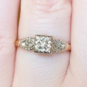 14K Art Deco Diamond Antique Vintage style solid white yellow gold square flower design size 6.25 engagement statement ring