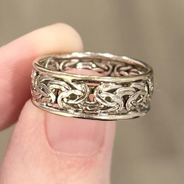 14K Byzantine linked chain style 6.5mm thick elegant sophisticated classic vintage Turkish style solid white gold size 7 wedding band ring