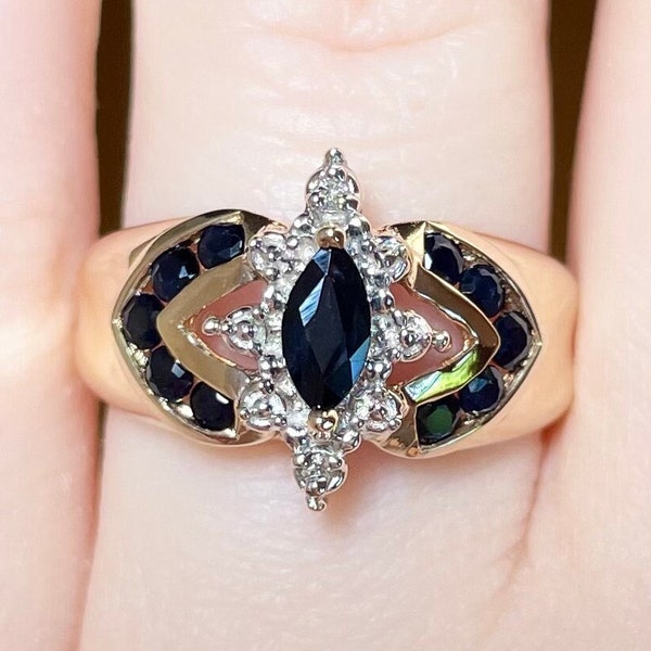 10K Natural Sapphire marquis accent diamond very dark blue black halo illusion solid yellow gold size 7.25 ring