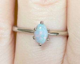 Vintage Fire Opal Ring, 14K White Gold Solitaire, Size 7.5