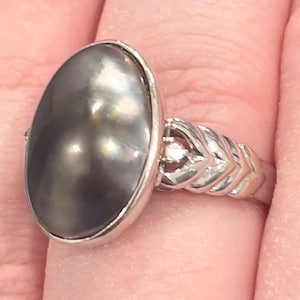 14K Black Mabe Pearl Ring, Gray Bluster, Diamond, White Gold, Filigree, Size 9.25
