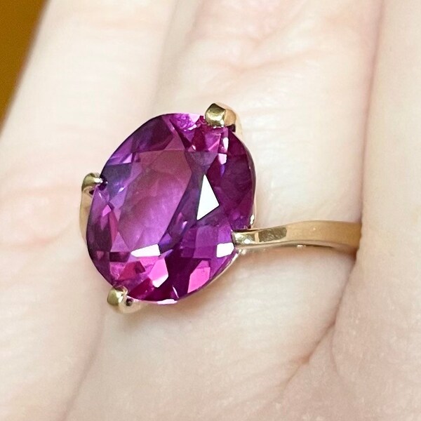 10K 4 carat purple sapphire magenta lab created solid yellow gold size 6 solitaire ring