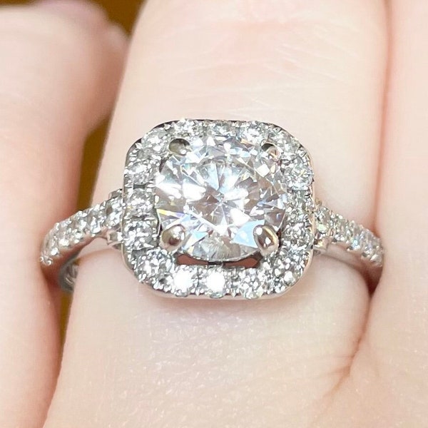 Cubic Zirconia Diamond Engagement Ring: 1.70 Carat Round Brilliant Cut halo accent 14K solid white gold cushion setting size 8.25 band