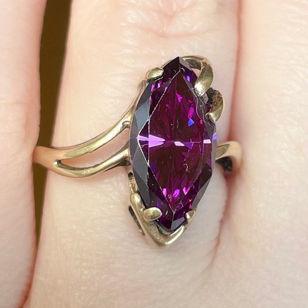 4 carat deep purple large marquis cubic zirconia 10k solid yellow gold statement ring