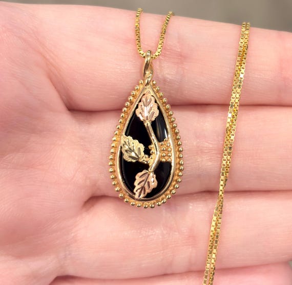 Vintage Black Hills Gold Onyx Pendant, 10K Yellow Gold, 12K Rose Green Leaves
