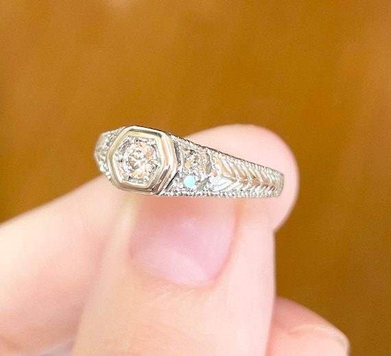 14K Art Deco 0.18 carat Diamond paved round cut h… - image 6