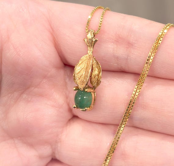 Vintage 14K Gold Jade Pendant, Artisan Leaf Design