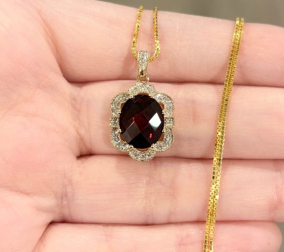 10K Garnet Diamond Rose cut oval genuine deep red… - image 1