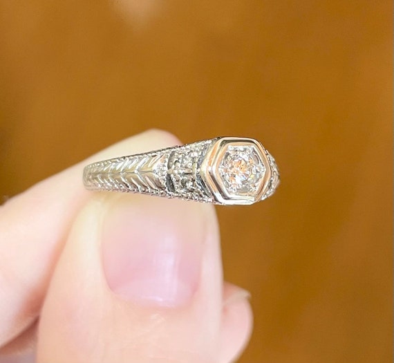 14K Art Deco 0.18 carat Diamond paved round cut h… - image 5