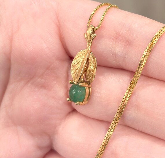Vintage 14K Gold Jade Pendant, Artisan Leaf Design View 5