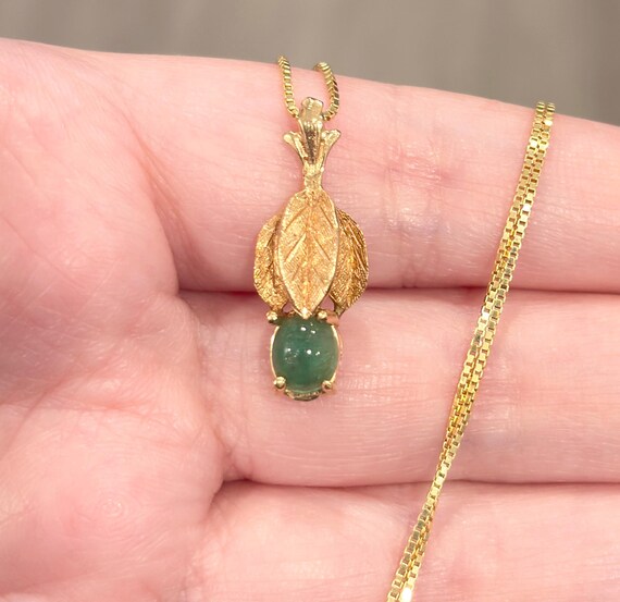 Vintage 14K Gold Jade Pendant, Artisan Leaf Design View 4
