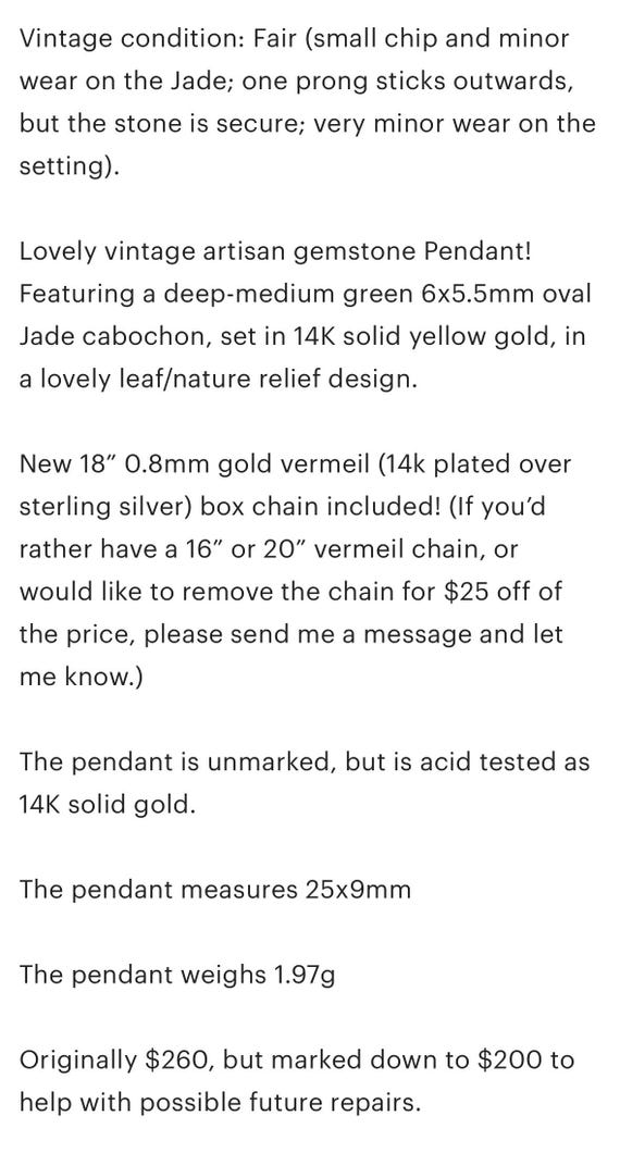 Vintage 14K Gold Jade Pendant, Artisan Leaf Design View 6