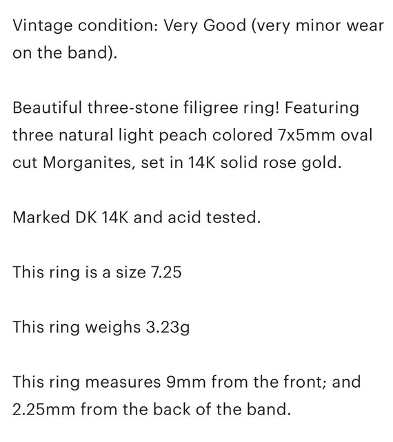 Cor De Rosa Filigree Morganite Three Stone Ring, … - image 10