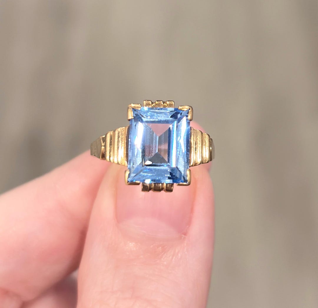 Vintage 14K Gold Lab Spinel Ring, Emerald Cut, Mid-century Modern Size ...
