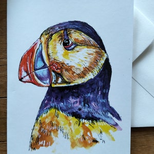 Carte macareux, aquarelle, carte d'anniversaire, carte de remerciement, occasion spéciale, amoureux des oiseaux, carte oiseau, rétablissement rapide, cadeau macareux,