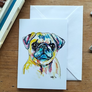 Tarjeta de felicitación Pug, acuarela de perro, colorido, cumpleaños, ocasión especial, tarjeta de agradecimiento, amante de los pug, amante de los animales, tarjetas para perros, tarjeta pug