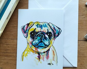 Pug wenskaart, hond aquarel, kleurrijk, verjaardag, speciale gelegenheid, bedankkaart, mopsliefhebber, dierenliefhebber, hondenkaarten, mopskaart