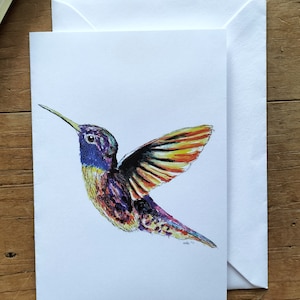Carta colibrì, arte colibrì, stampa colibrì, regali colibrì, carta fauna selvatica, carta acquerello, occasione speciale, biglietto di compleanno