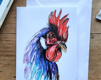 Cockerel Greeting Card, chicken watercolour poultry, rooster, special occasion, birthday card, farm animal cards, animal cards, chicken card