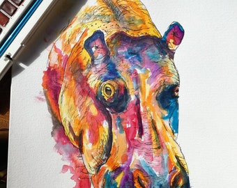 Cartão de hipopótamo, cartão de hipopótamo, pintura de hipopótamo, arte de hipopótamo, presentes de hipopótamo, obras de arte coloridas, presentes de vida selvagem