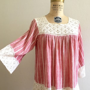 Vintage 1970s Gauze and Crochet Blouse - S/M