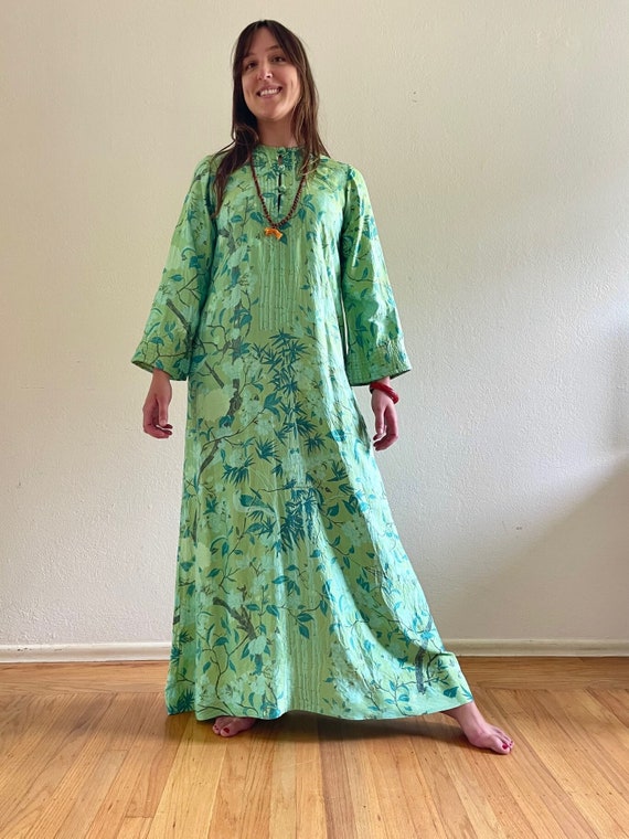 Vintage 1960s Green Thai Silk Caftan - Gown, Hoste