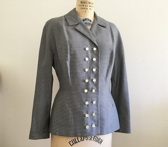 Vintage 1950s Grey and Ivory Striped Gabardine Ja… - image 1