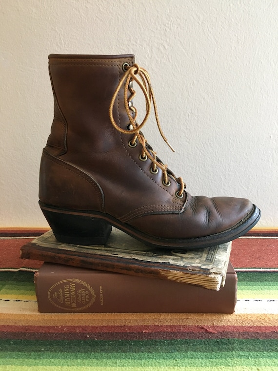 Vintage 1970s Brown Leather Packer Boots, Ladies S
