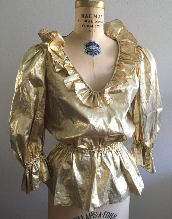 Vintage 1980s Gold Lamé Party Blouse - image 1