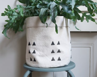 Hand-Printed 'Triangles' Fabric Plant Pot Cover / Planter / Storage Basket / Indoor Plant Pot