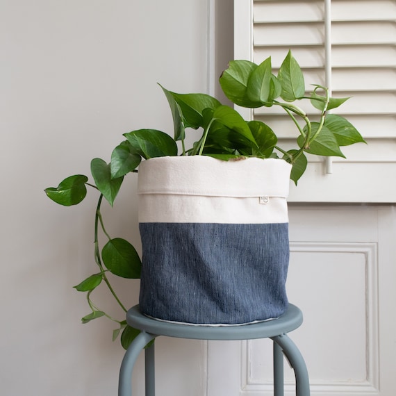 Blauer Leinen Stoff Blumentopf Abdeckung / Pflanzer / Aufbewahrungskorb / Indoor Blumentopf