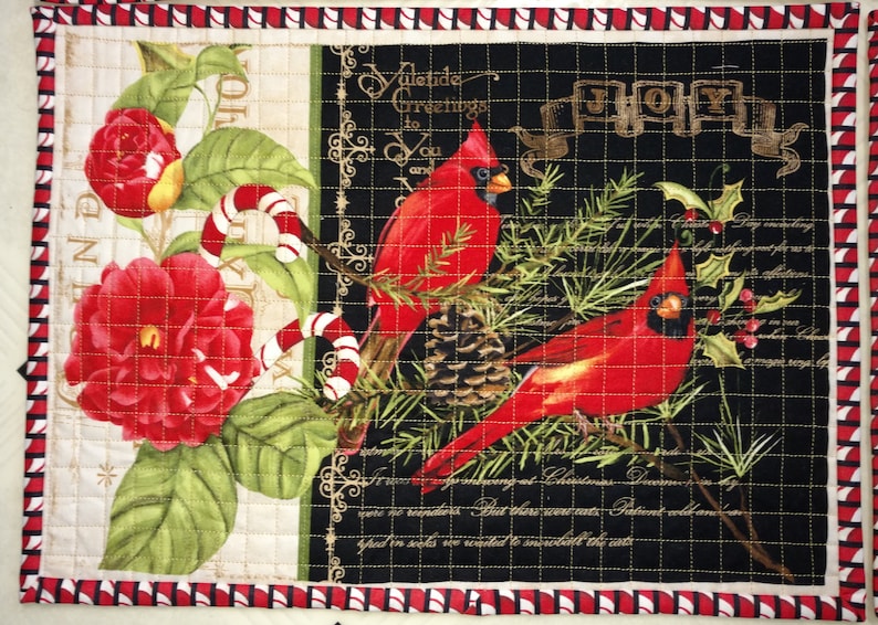 Candy Cane /& Holly Ready to Ship 17 x 12 Cardinal Quilted Placemats Set of 4 with Roses Pine