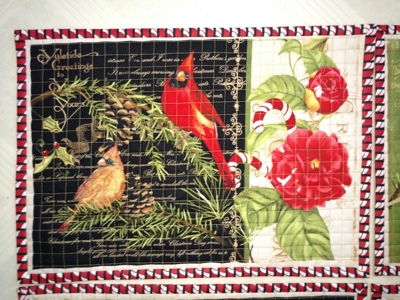 Candy Cane /& Holly Ready to Ship 17 x 12 Cardinal Quilted Placemats Set of 4 with Roses Pine