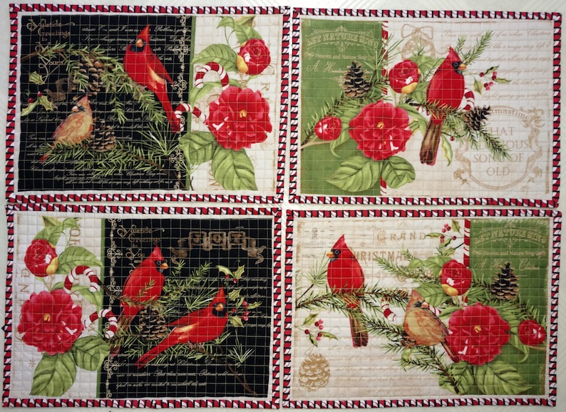 Candy Cane /& Holly Ready to Ship 17 x 12 Cardinal Quilted Placemats Set of 4 with Roses Pine