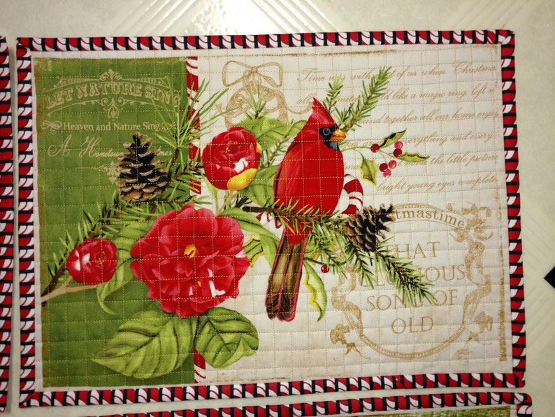 Candy Cane /& Holly Ready to Ship 17 x 12 Cardinal Quilted Placemats Set of 4 with Roses Pine