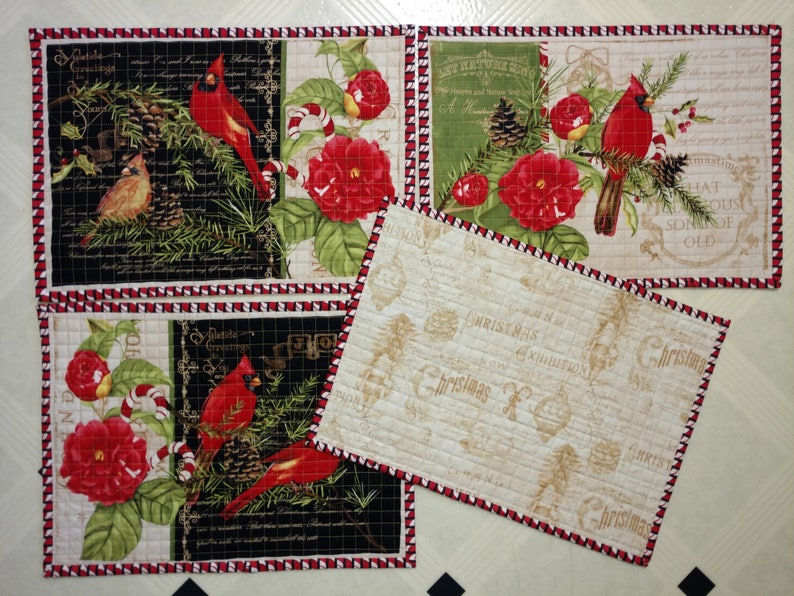 Candy Cane /& Holly Ready to Ship 17 x 12 Cardinal Quilted Placemats Set of 4 with Roses Pine